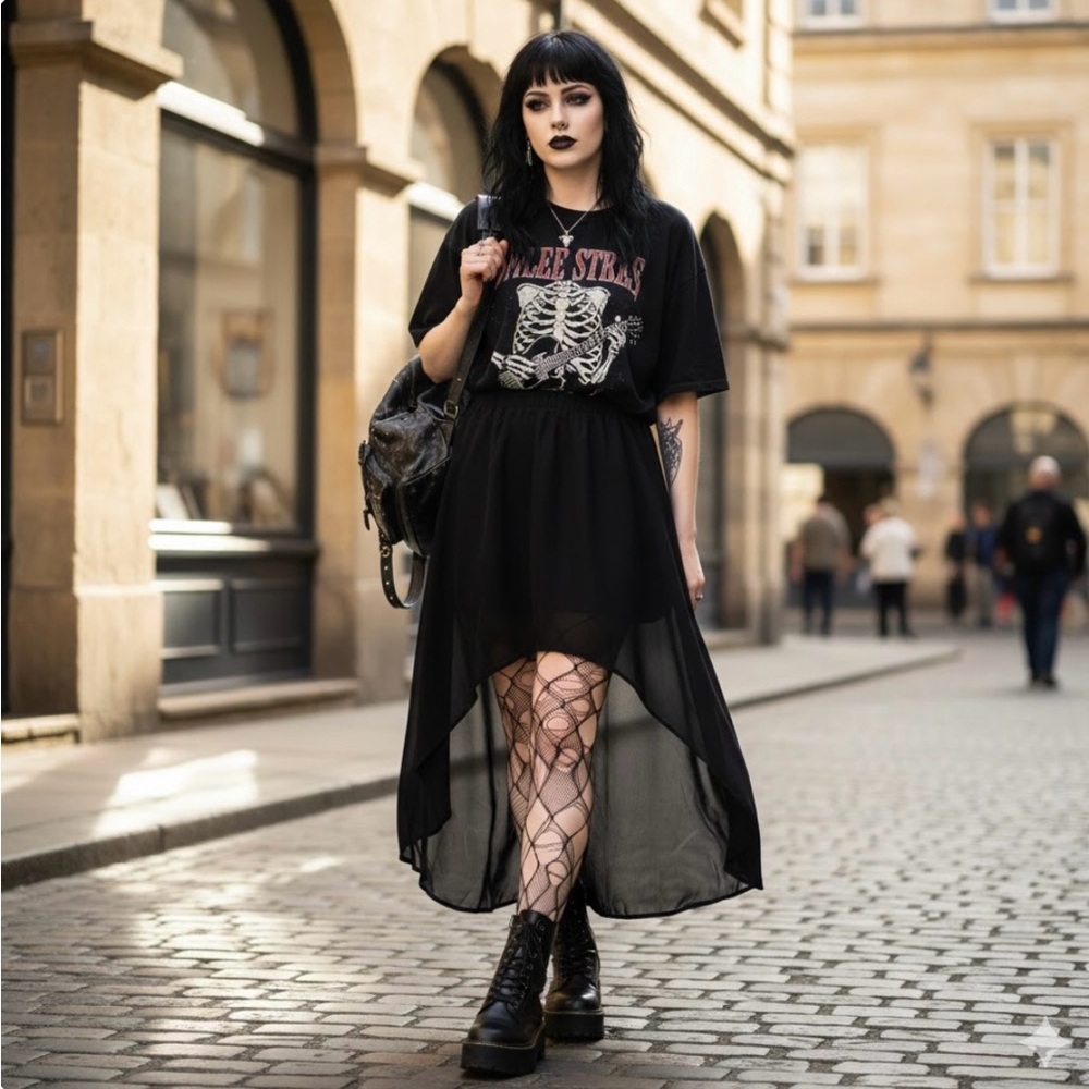Kira Skirt Womens XS Black Chiffon High Low Sheer Overlay Gothic Maxi Flare